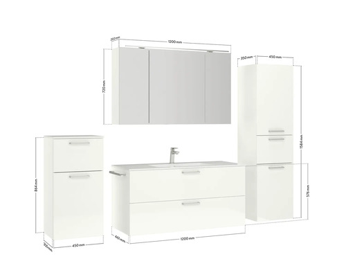 Badezimmermöbelset mit Waschtischunterschrank, Spiegelschrank und Hochschränken inklusive Maßangaben