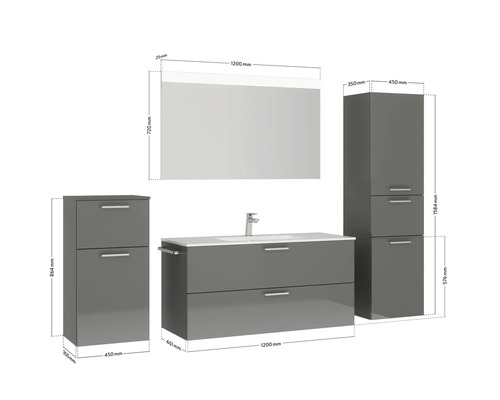 Badezimmerensemble mit Waschtischunterschrank, Spiegelschrank und Hochschränken mit Maßangaben