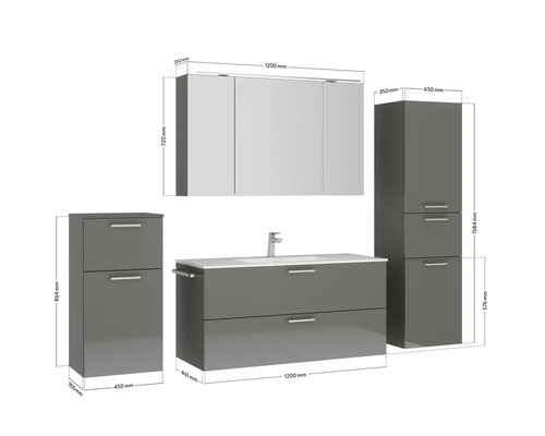 Badezimmermöbelset mit Waschtischunterschrank, Waschbecken, Spiegelschrank und Hochschrank mit Maßangaben