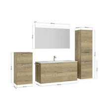 Maßangaben Badezimmermöbel Set mit Waschtischunterschrank, Spiegelschrank und Hochschrank