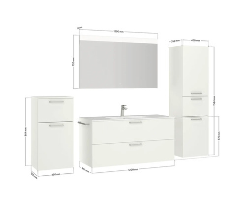 Badezimmer-Set mit Waschbeckenunterschrank, Spiegelschrank und Hochschränken mit Maßangaben.