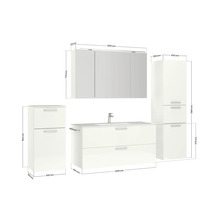 Badezimmermöbelset mit Waschtischunterschrank, Spiegelschrank und Hochschränken mit Maßangaben