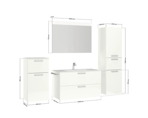 Badezimmermöbelset mit Waschtischunterschrank, Spiegelschrank und Hochschränken mit Maßangaben