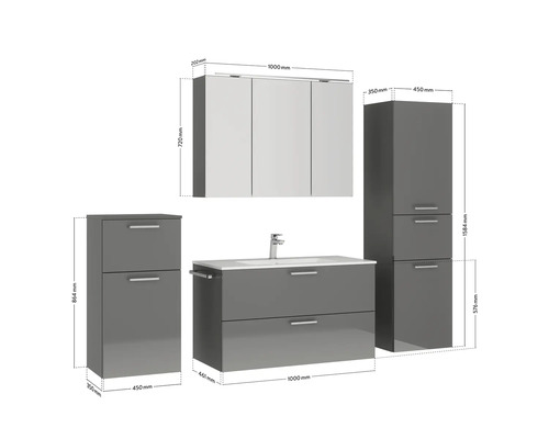 Badezimmer-Set mit Waschtischunterschrank, Waschbecken, Spiegelschrank und Hochschrank mit Maßangaben