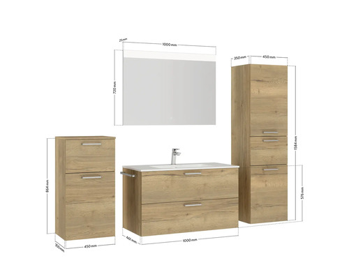 Badezimmermöbelset mit Waschtischunterschrank, Spiegelschrank und Hochschränken mit Maßangaben