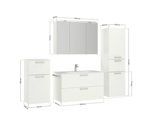 Badezimmer Set mit Waschtischunterschrank, Spiegelschrank und Hochschränken mit Maßangaben