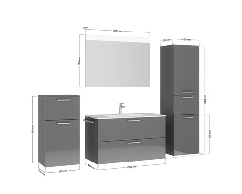 Badezimmergarnitur mit Waschtischunterschrank, Spiegelschrank und zwei Hochschränken mit Maßangaben