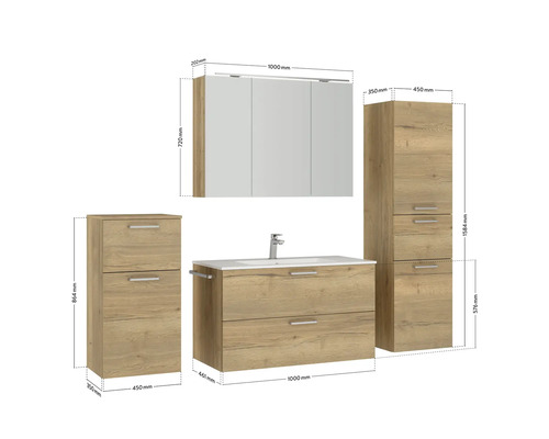 Badezimmermöbelset mit Waschtisch, Spiegelschrank und zwei Hochschränken
