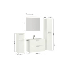 Badezimmermöbelset mit Waschtischunterschrank, Spiegelschrank und Hochschränken mit Maßangaben