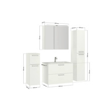 Badezimmermöbelset mit Waschtisch, Waschbecken, Spiegelschrank und Hochschränken inklusive Maßangaben