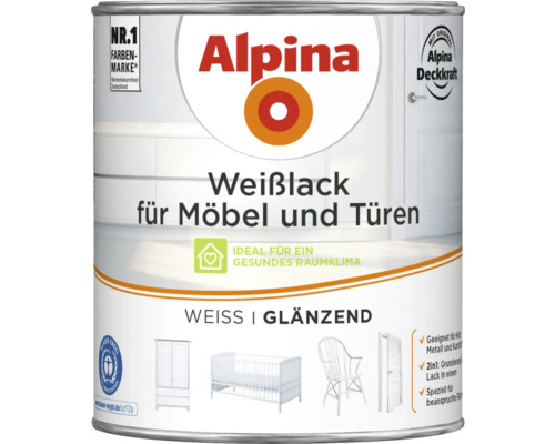 Alpina Weißlack für Möbel und Türen in Weiß Glänzend Dose