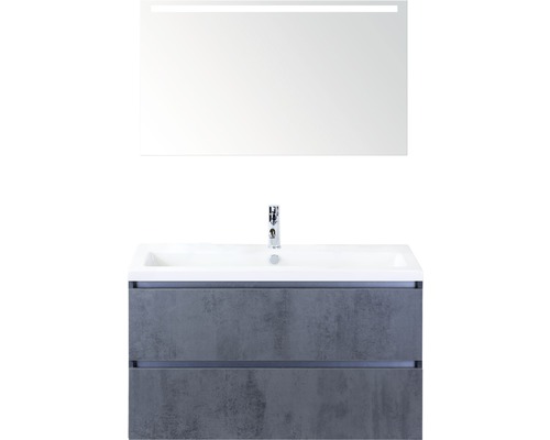 Badmöbel-Set Sanox Vogue BxHxT 101 x 169 x 41 cm Frontfarbe beton anthrazit mit Waschtisch Keramik weiß und Keramik-Waschtisch Waschtischunterschrank Spiegel mit LED-Beleuchtung