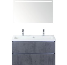 Waschtisch mit zwei Waschbecken, zwei Armaturen, Unterschrank mit zwei Schubladen und beleuchtetem Spiegel