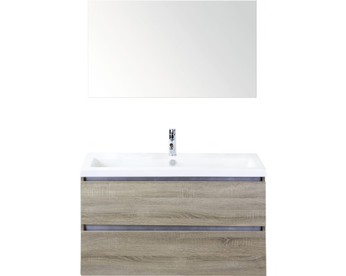 Badmöbel-Set Sanox Vogue BxHxT 101 x 169 x 41 cm Frontfarbe eiche grau mit Waschtisch Keramik weiß und Keramik-Waschtisch Spiegel Waschtischunterschrank