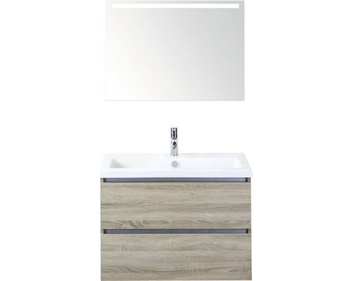 Badmöbel-Set Sanox Vogue BxHxT 81 x 169 x 41 cm Frontfarbe eiche grau mit Waschtisch Keramik weiß und Waschtischunterschrank Waschtisch Spiegel mit LED-Beleuchtung