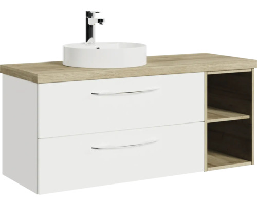 Waschtisch mit Aufsatzwaschbecken, zwei Schubladen und offenem Regal