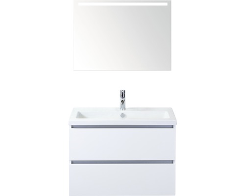 Badmöbel-Set Sanox Vogue BxHxT 81 x 169 x 41 cm Frontfarbe weiß hochglanz mit Waschtisch Keramik weiß und Keramik-Waschtisch Waschtischunterschrank Spiegel mit LED-Beleuchtung
