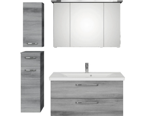 Badmöbel-Set Pelipal Kumba BxHxT 137 x 200 x 51 cm Frontfarbe graphit struktur quer 5-teilig und mehr mit Mineralguss-Waschtisch, Unterschrank und Wandschrank 99.1070225194 Badezimmerset mit Waschbeckenunterschrank, Spiegelschrank und Hochschränken
