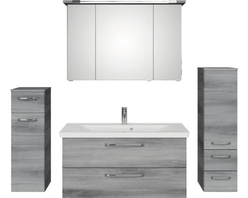 Badmöbel-Set Pelipal Kumba BxHxT 167 x 200 x 51 cm Frontfarbe graphit struktur quer 5-teilig und mehr mit Mineralguss-Waschtisch, Midischrank und Unterschrank 99.1070225192 Badezimmermöbel Set mit Spiegelschrank, Waschbeckenunterschrank und zwei Hochschränken