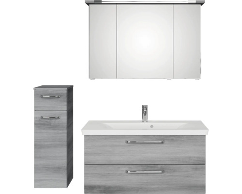 Badmöbel-Set Pelipal Kumba BxHxT 137 x 200 x 51 cm Frontfarbe graphit struktur quer 4-teilig mit Mineralguss-Waschtisch und Unterschrank 99.1070225191 Badezimmermöbelset mit Waschtisch, Waschbecken, Spiegelschrank und Hochschrank