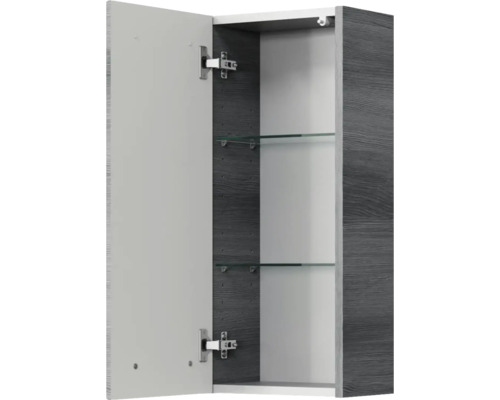 Geöffneter Spiegelschrank mit Glasablagen