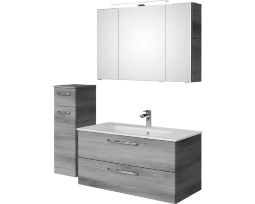 Badezimmerset mit Waschtischunterschrank, Waschbecken, Spiegelschrank und Hochschrank