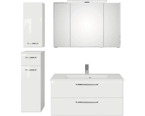 Badmöbel-Set Pelipal Kumba BxHxT 137 x 200 x 50 cm Frontfarbe weiß glanz 5-teilig und mehr mit Mineralguss-Waschtisch weiß, Unterschrank und Wandschrank 99.1070126094 Badezimmermöbel Set mit Spiegelschrank, Waschtischunterschrank und Hochschränken