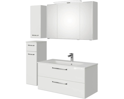 Weißes Badezimmermöbelset mit Waschbeckenunterschrank, Spiegelschrank und Hochschrank
