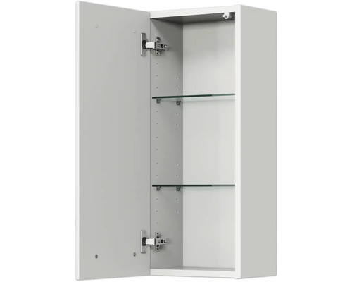 Geöffneter Badezimmerschrank mit zwei Glasablagen
