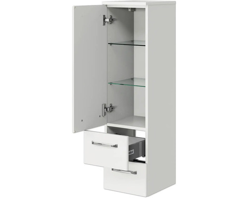 Weißer Badezimmer-Hochschrank mit Tür, zwei Schubladen und Glasböden