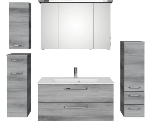 Badmöbel-Set Pelipal Kumba BxHxT 167 x 200 x 50 cm Frontfarbe graphit struktur quer 5-teilig und mehr mit Mineralguss-Waschtisch, Midischrank, Unterschrank und Wandschrank 99.1070125193 Badmöbelset mit Waschtisch, Spiegelschrank und Hochschränken