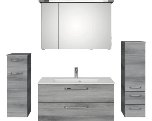 Badmöbel-Set Pelipal Kumba BxHxT 167 x 200 x 50 cm Frontfarbe graphit struktur quer 5-teilig und mehr mit Mineralguss-Waschtisch, Midischrank und Unterschrank 99.1070125192 Badezimmer-Set mit Waschtisch, Spiegelschrank und zwei Hochschränken