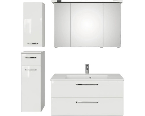 Badmöbel-Set Pelipal Kumba BxHxT 137 x 200 x 50 cm Frontfarbe weiß glanz 5-teilig und mehr mit Mineralguss-Waschtisch weiß, Unterschrank und Wandschrank 99.1070125094 Badezimmer Set mit Waschtischunterschrank, Waschbecken, Spiegelschrank und Hochschrank
