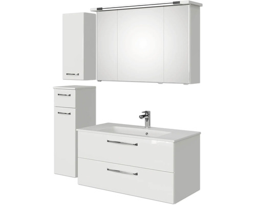 Badezimmer Set mit Spiegelschrank, Waschtischunterschrank und zwei Hochschränken
