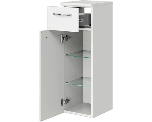 Weißer Badezimmer-Hängeschrank mit Tür, Schublade und Glasböden
