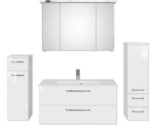 Badmöbel-Set Pelipal Kumba BxHxT 167 x 200 x 50 cm Frontfarbe weiß glanz 5-teilig und mehr mit Mineralguss-Waschtisch weiß, Midischrank und Unterschrank 99.1070125092 Badezimmer-Set mit Waschtischunterschrank, Spiegelschrank und zwei Hochschränken