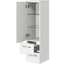 Weißer Hochschrank mit Tür, Schubladen und Glasböden für das Badezimmer