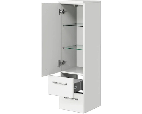 Weißer Hochschrank mit Tür, Schubladen und Glasböden für das Badezimmer