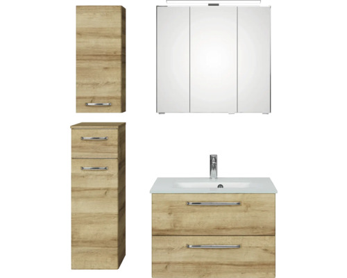 Badmöbel-Set Pelipal Kumba BxHxT 107 x 200 x 50 cm Frontfarbe eiche riviera 5-teilig und mehr mit Glas-Waschtisch weiß, Unterschrank und Wandschrank 99.770326471 Badezimmermöbelset mit Spiegelschrank, Waschbeckenunterschrank und Hochschrank