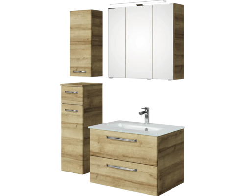 Badezimmerset mit Waschtischunterschrank, Spiegelschrank und Hochschrank im Holzdesign