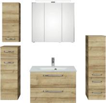 Badezimmermöbelset mit Waschbeckenunterschrank, Spiegelschrank und Hochschränken in Holzoptik