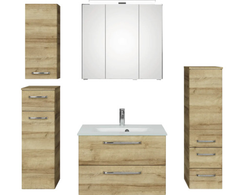 Badmöbel-Set Pelipal Kumba BxHxT 137 x 200 x 50 cm Frontfarbe eiche riviera 5-teilig und mehr mit Glas-Waschtisch weiß, Hochschrank, Unterschrank und Wandschrank 99.770326473 Badezimmermöbelset mit Waschbeckenunterschrank, Spiegelschrank und Hochschränken in Holzoptik