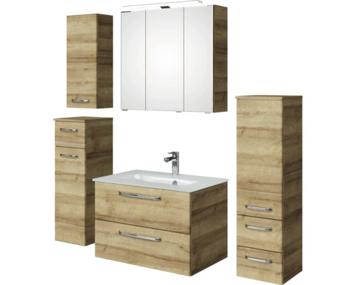 Badezimmer-Set mit Waschtisch, Spiegelschrank und Hochschränken im Holzdekor