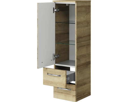 Badezimmerschrank mit offener Tür, Schublade und Glasböden