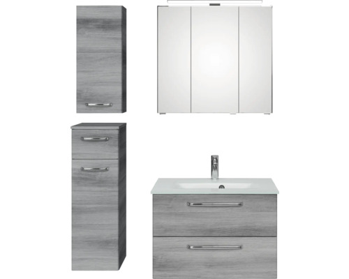 Badmöbel-Set Pelipal Kumba BxHxT 107 x 200 x 50 cm Frontfarbe graphit struktur quer 5-teilig und mehr mit Glas-Waschtisch, Unterschrank und Wandschrank 99.770326194 Badezimmermöbelset mit Waschtischunterschrank, Waschbecken, Spiegelschrank und Hochschrank