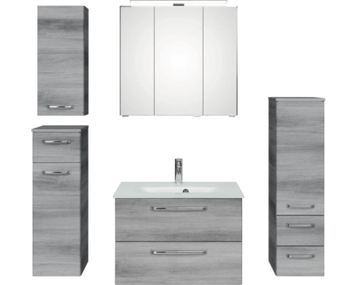 Badmöbel-Set Pelipal Kumba BxHxT 137 x 200 x 50 cm Frontfarbe graphit struktur quer 5-teilig und mehr mit Glas-Waschtisch, Hochschrank, Unterschrank und Wandschrank 99.770326193 Badezimmermöbel Set mit Waschtisch, Spiegelschrank und Hochschränken