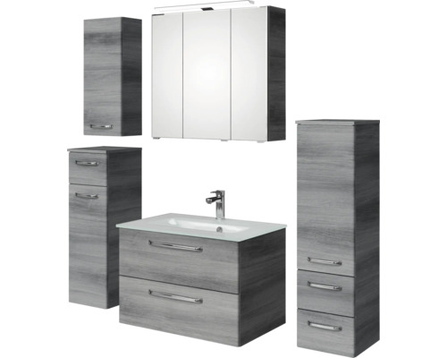 Komplettes Badezimmerset mit Waschtischunterschrank, Waschbecken, Spiegelschrank und Hochschränken