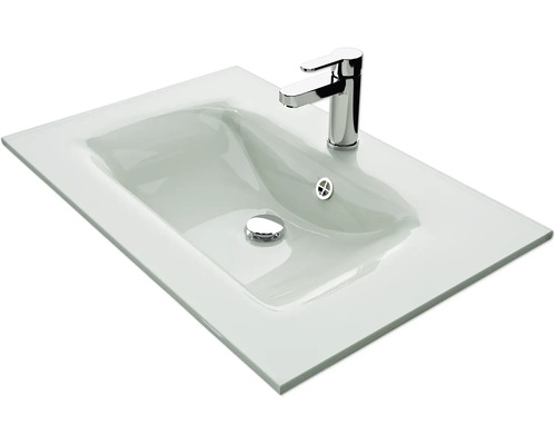 Waschtisch aus Glas mit Armatur und Ablaufgarnitur