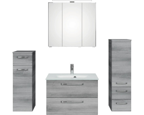 Badmöbel-Set Pelipal Kumba BxHxT 137 x 200 x 50 cm Frontfarbe graphit struktur quer 5-teilig und mehr mit Glas-Waschtisch, Hochschrank und Unterschrank 99.770326192 Badezimmer-Set mit Waschtisch, Spiegelschrank und Hochschränken