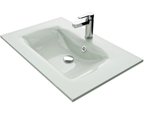 Waschtisch aus Glas mit Armatur und Abflussstopfen